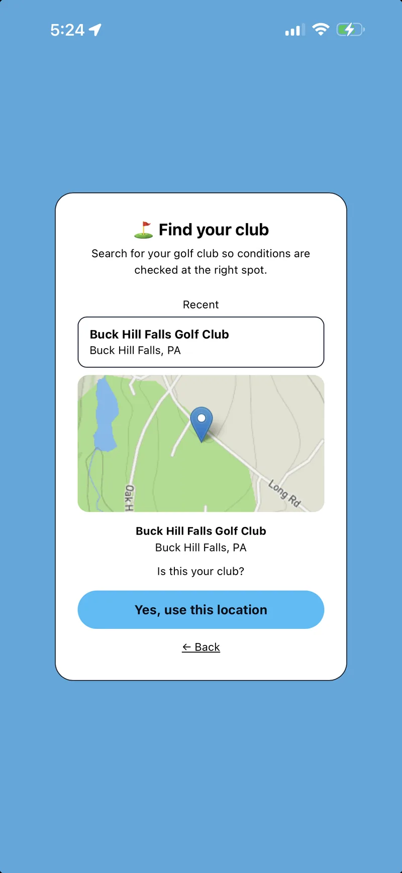 Storm Sensei's club search, with Buck Hill Falls Golf Club selected and a map preview showing the course