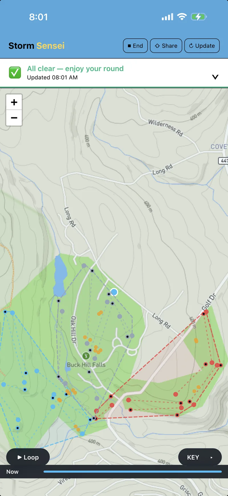 An all-clear status above a map of Buck Hill Falls Golf Club with the holes drawn in