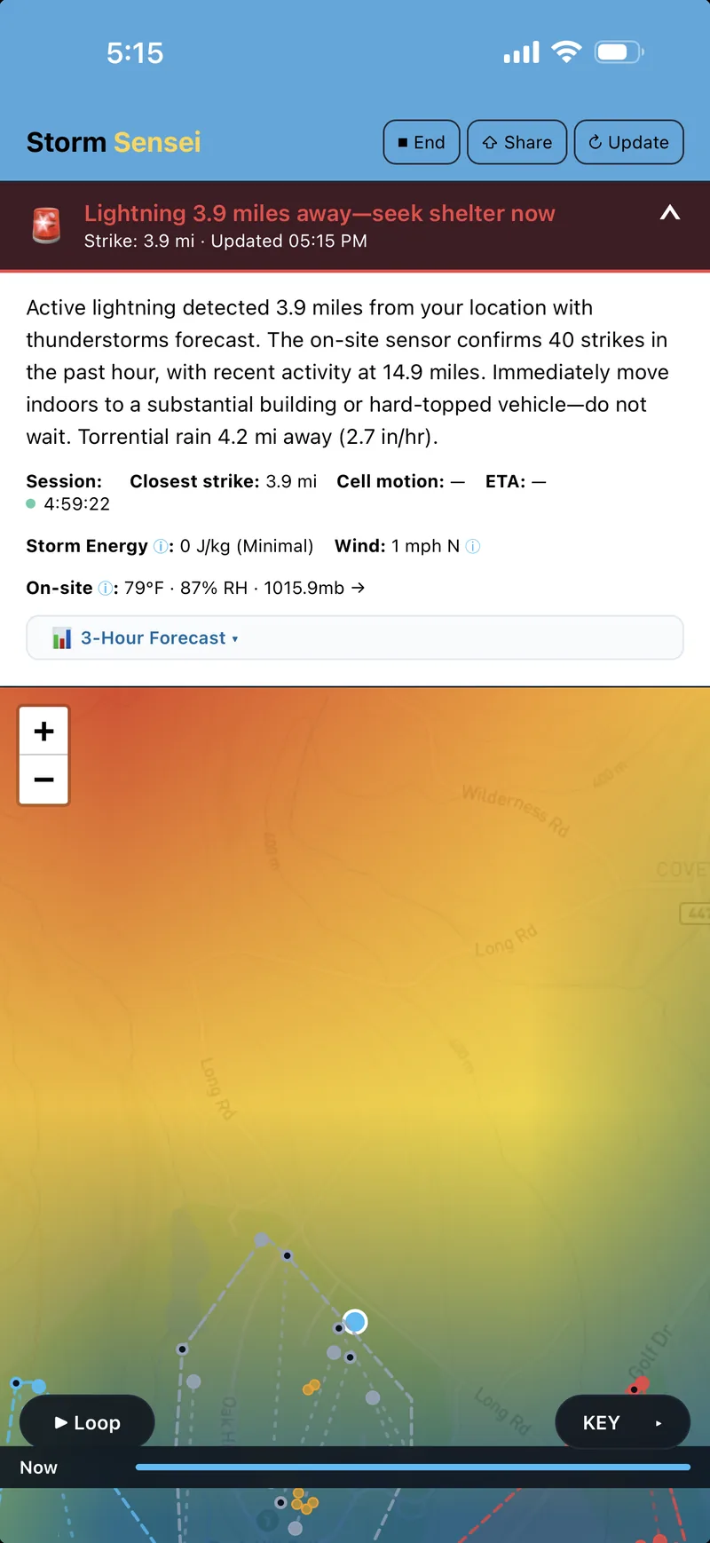An expanded lightning danger view with plain-language guidance and readings from the venue's on-site sensor
